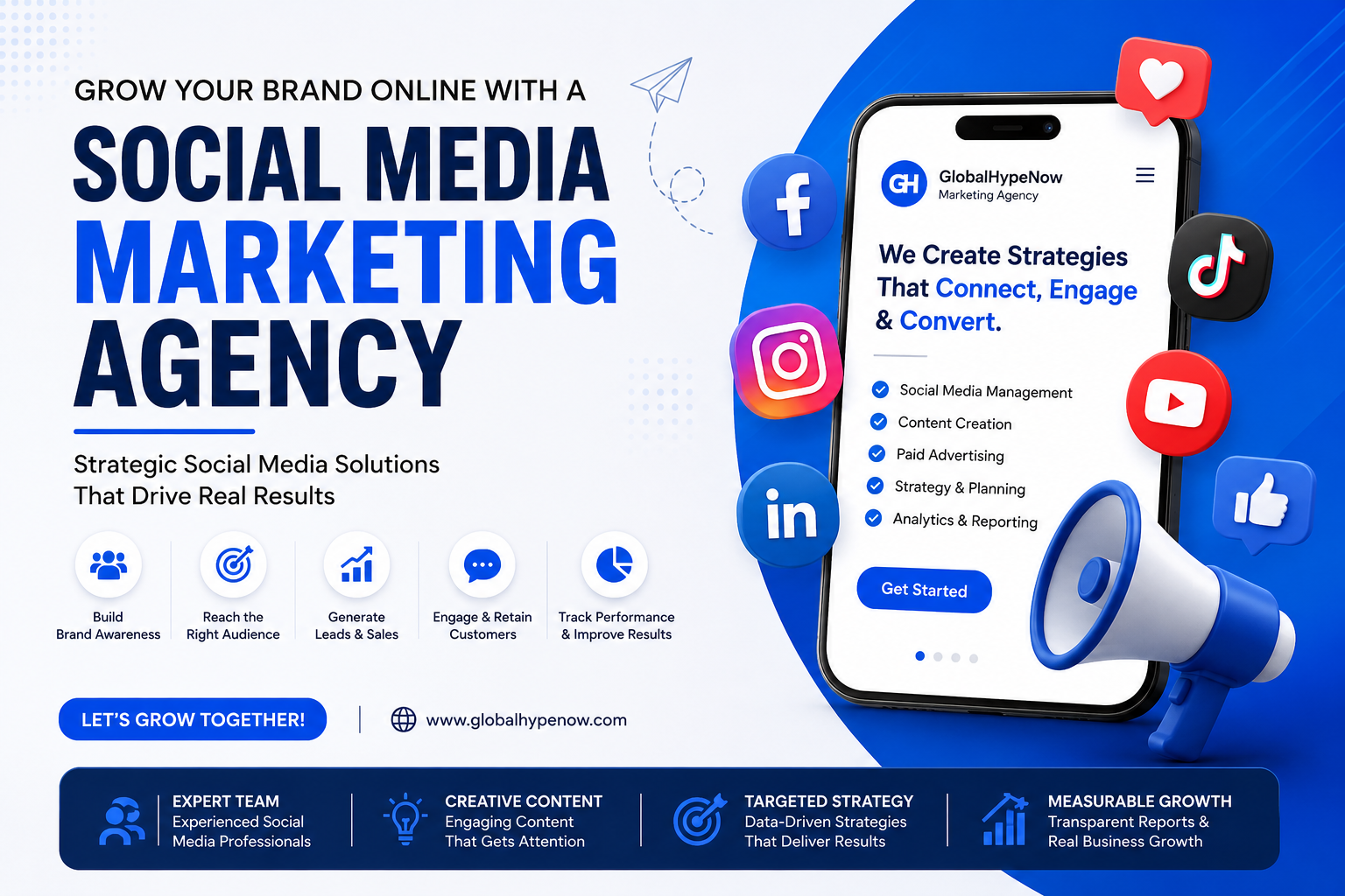 Social Media Marketing Agency services banner showing digital marketing strategy, social media management, content creation, and online brand growth