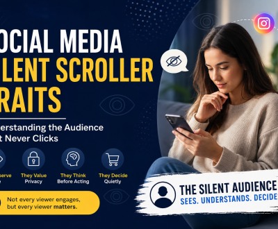Social Media Silent Scroller Traits Explained Social Media Silent Scroller Traits infographic showing a user browsing social media privately and key characteristics including observation, privacy, critical thinking, and quiet decision-making.