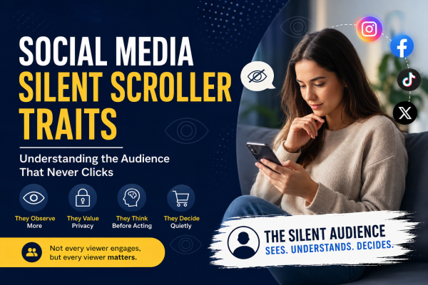 Social Media Silent Scroller Traits infographic showing a user browsing social media privately and key characteristics including observation, privacy, critical thinking, and quiet decision-making.